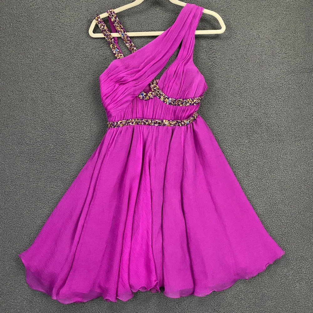 Mandalay Mini Dress Women 4 Shocking Pink Silk Beaded Evening Event Vintage Y2K